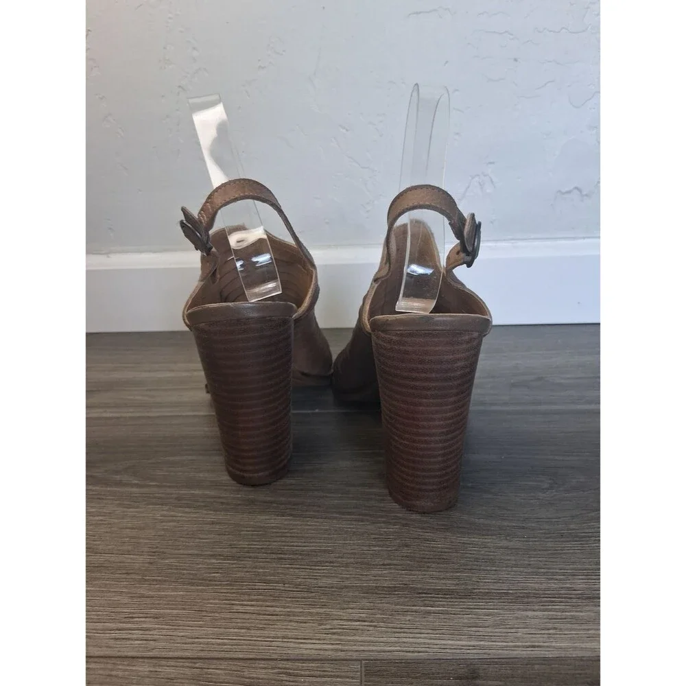 Lucky Brand Brown Leather Boho Peep Toe Slingback Block Heel Sandal women Sz 8.5